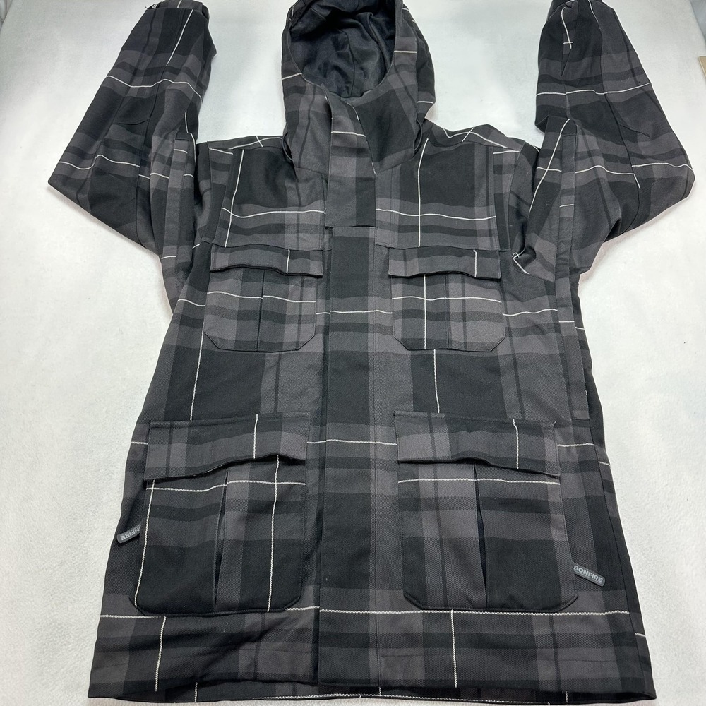 Bonfire Ski Jacket Mens Small Black Plaid Hooded Winter Snowboard Insulated Prep